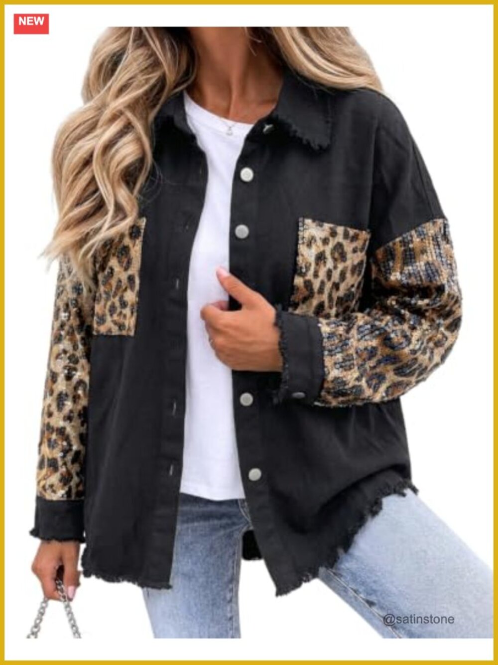 Oversized Sequin Denim Shacket Drop Shoulder Leopard Patchwork Women
